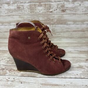 UGG Elyse Burgundy Leather Peep Toe Lace Up Wedge Ankle Bootie Women's Size 7.5